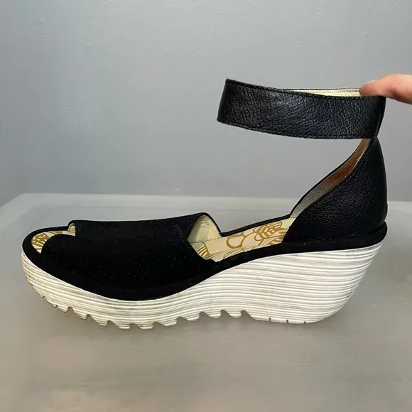 FLY London Perforated Leather Wedge Sandals Yake Black Nubuck 38 US 7.5