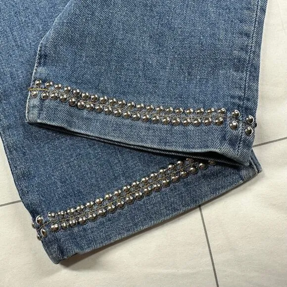 Frame Jeans Womens 27 Blue Studded Le High Straight Anstee Crop Medium Wash