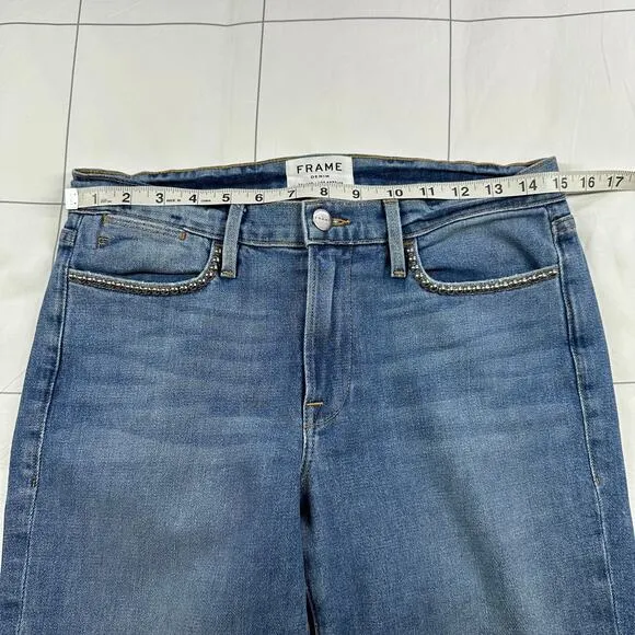 Frame Jeans Womens 27 Blue Studded Le High Straight Anstee Crop Medium Wash