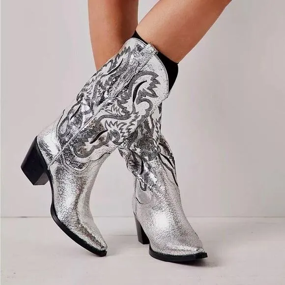 Free People Dagget Western Boots Size 8 Silver Metallic Cowboy