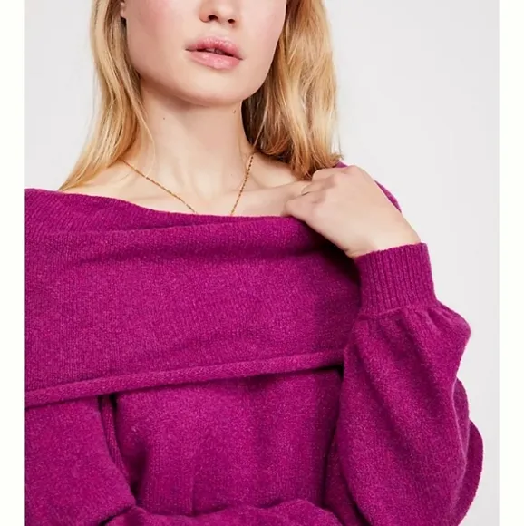 Free People Echo Beach Pullover Sweater Fold Neckline Purple Medium