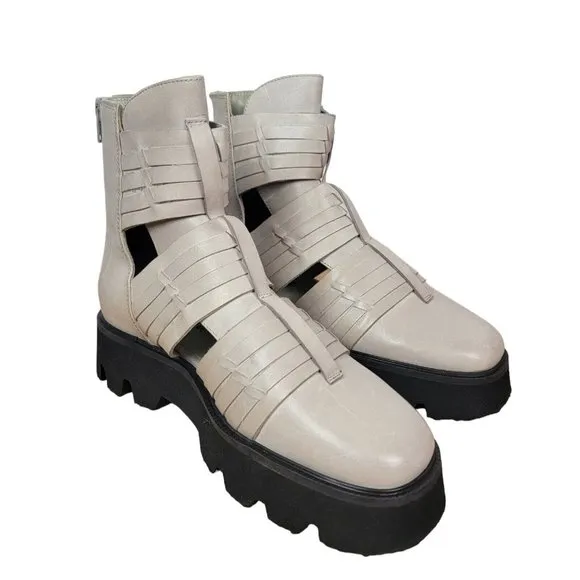 Free People Hydra Huarache Lug Boots Size 37 7 US Sand Dollar Leather Zip Woven