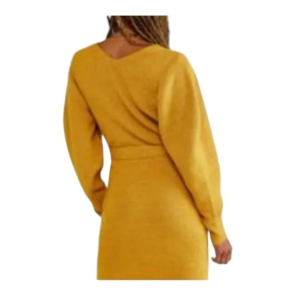 FREE PEOPLE Mustard Yellow Knit Long Sleeve Mini Sweater Wrap Dress Small NEW
