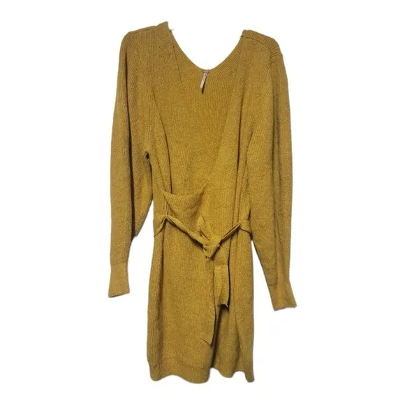 FREE PEOPLE Mustard Yellow Knit Long Sleeve Mini Sweater Wrap Dress Small NEW