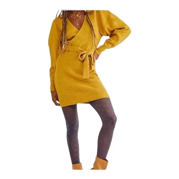 FREE PEOPLE Mustard Yellow Knit Long Sleeve Mini Sweater Wrap Dress Small NEW