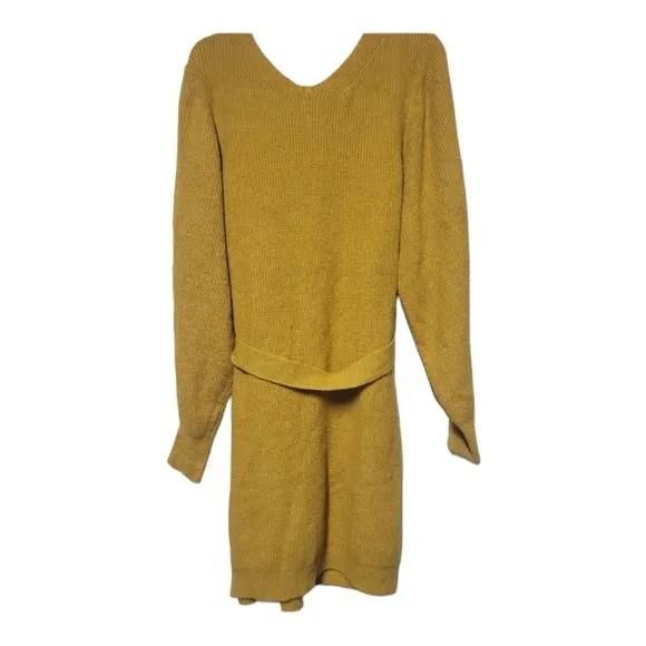 FREE PEOPLE Mustard Yellow Knit Long Sleeve Mini Sweater Wrap Dress Small NEW