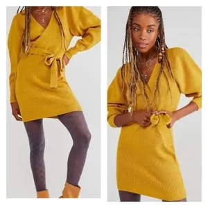 FREE PEOPLE Mustard Yellow Knit Long Sleeve Mini Sweater Wrap Dress Small NEW