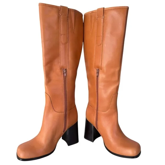 Free People Naomi Leather Square Toe Tall Heel Boots in Tuscan Tan Size 7 NWOT