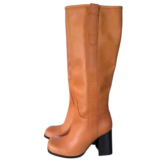 Free People Naomi Leather Square Toe Tall Heel Boots in Tuscan Tan Size 7 NWOT