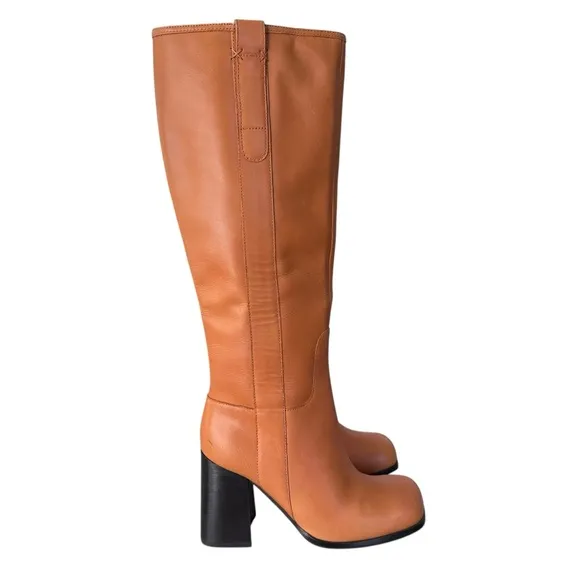 Free People Naomi Leather Square Toe Tall Heel Boots in Tuscan Tan Size 7 NWOT