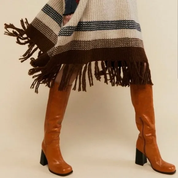 Free People Naomi Leather Square Toe Tall Heel Boots in Tuscan Tan Size 7 NWOT