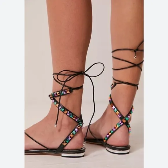 Free People NWOB Vicenza Multicolor Studded Black Wrap Sandals size 7