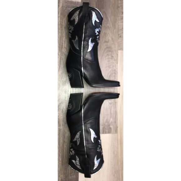 Free People Sparks Fly Cowboy Boots 8.5 Black Leather Silver Inlay Italy‎ 39 NEW