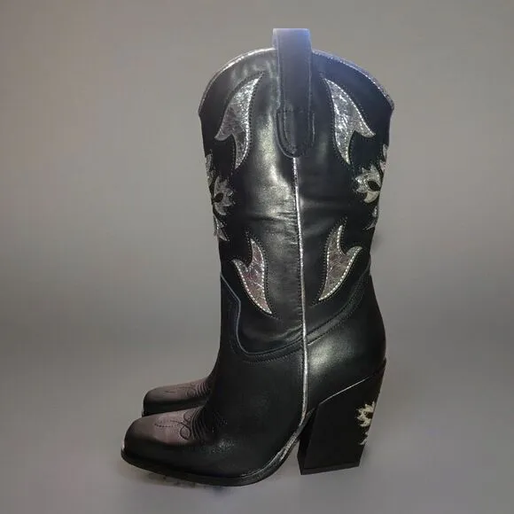 Free People Sparks Fly Cowboy Boots 8.5 Black Leather Silver Inlay Italy‎ 39 NEW