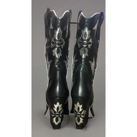 Free People Sparks Fly Cowboy Boots 8.5 Black Leather Silver Inlay Italy‎ 39 NEW