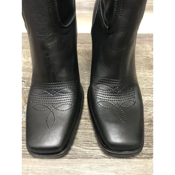 Free People Sparks Fly Cowboy Boots 8.5 Black Leather Silver Inlay Italy‎ 39 NEW