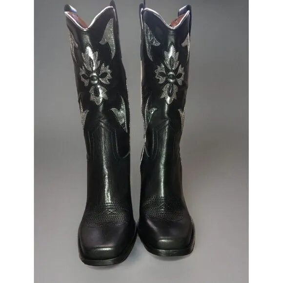 Free People Sparks Fly Cowboy Boots 8.5 Black Leather Silver Inlay Italy‎ 39 NEW