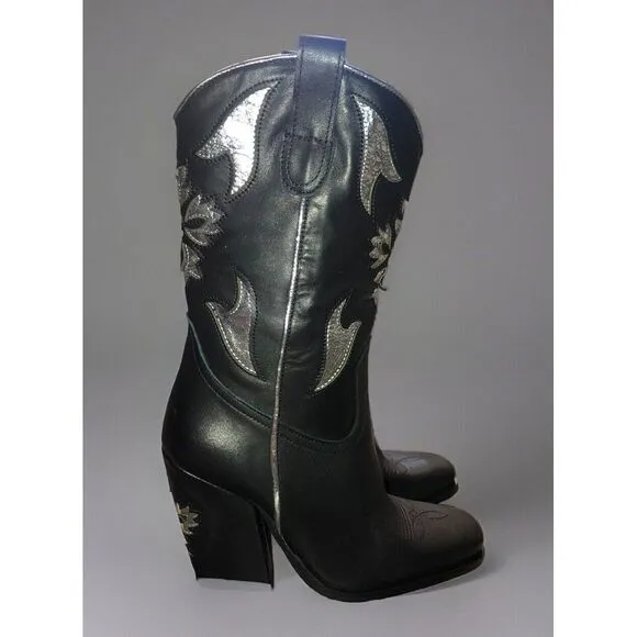 Free People Sparks Fly Cowboy Boots 8.5 Black Leather Silver Inlay Italy‎ 39 NEW