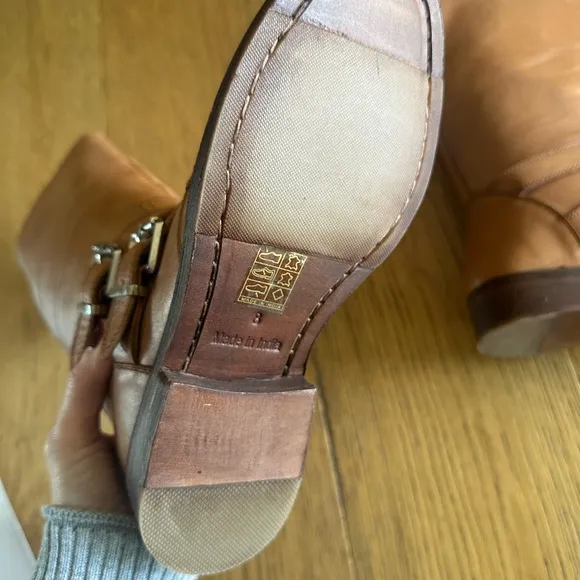 Free People Tan Heeled Boots with Ankle Strap and Rounded Toe