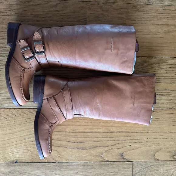 Free People Tan Heeled Boots with Ankle Strap and Rounded Toe