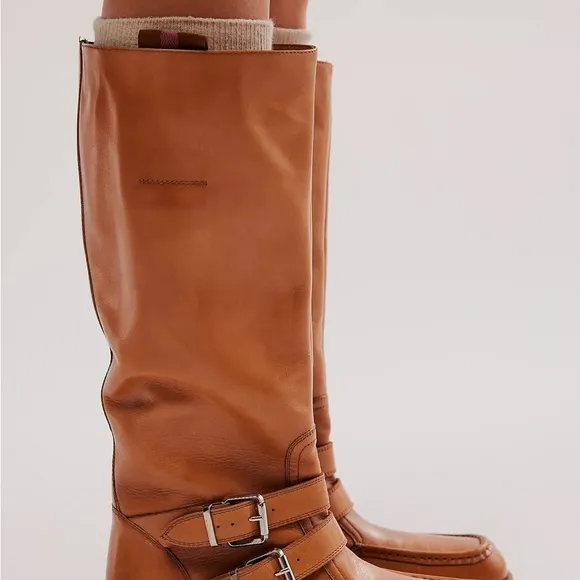 Free People Tan Heeled Boots with Ankle Strap and Rounded Toe