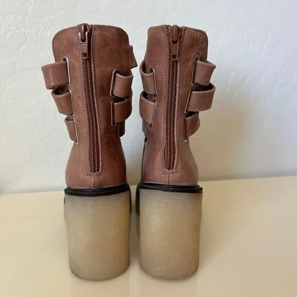 Free People Tan Leather Chunky Lug Sole Jesse Cut Out Boots Womens 36 EU