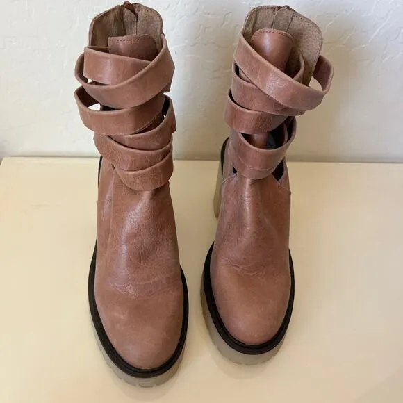 Free People Tan Leather Chunky Lug Sole Jesse Cut Out Boots Womens 36 EU