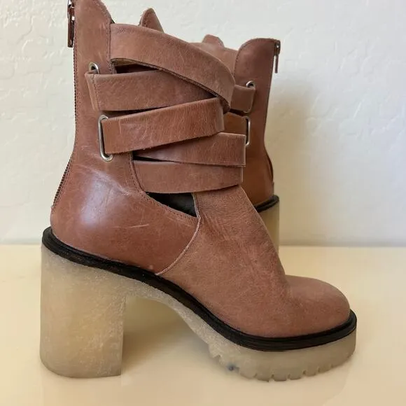 Free People Tan Leather Chunky Lug Sole Jesse Cut Out Boots Womens 36 EU