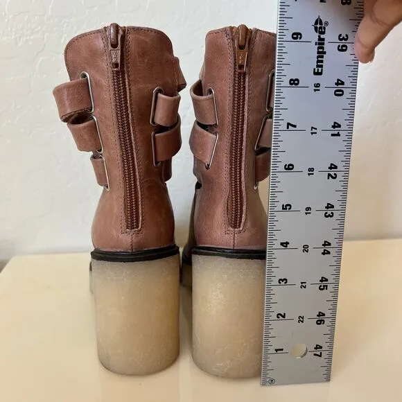 Free People Tan Leather Chunky Lug Sole Jesse Cut Out Boots Womens 36 EU