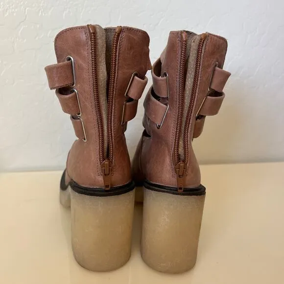 Free People Tan Leather Chunky Lug Sole Jesse Cut Out Boots Womens 36 EU