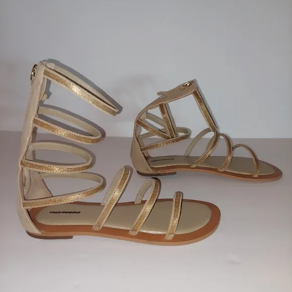 Free People Theia Gladiator Neutral Gold Detail Leather Sandals Womens Size 8.5