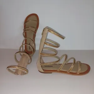 Free People Theia Gladiator Neutral Gold Detail Leather Sandals Womens Size 8.5