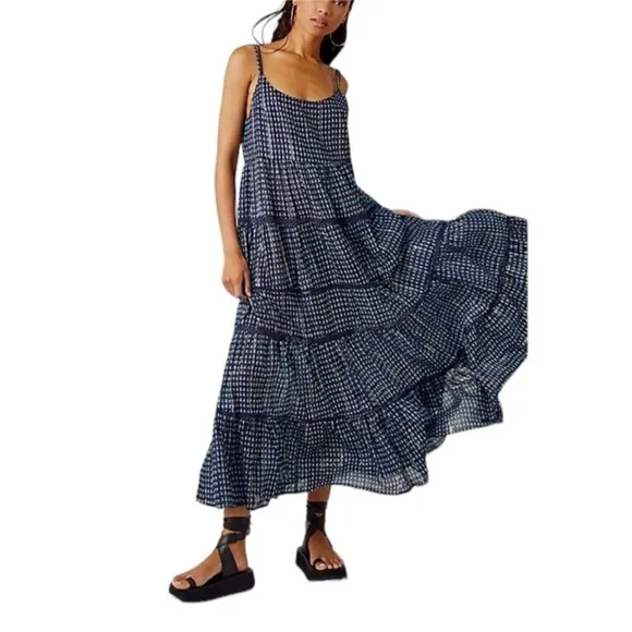 Free People Women Midnight Dance Print Sleeveless Maxi Dress Blue Size NWT