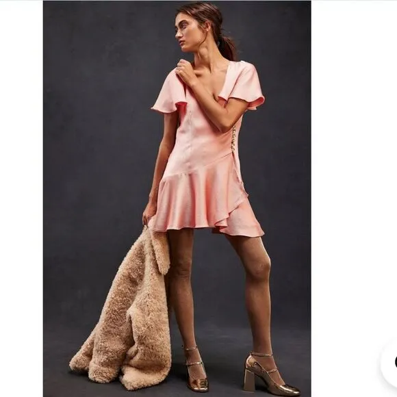 Free People Scarlett Satin Ruffle Wrap Mini Dress Peach. Size small