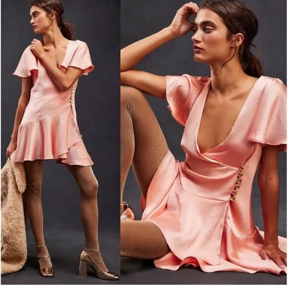 Free People Scarlett Satin Ruffle Wrap Mini Dress Peach. Size small