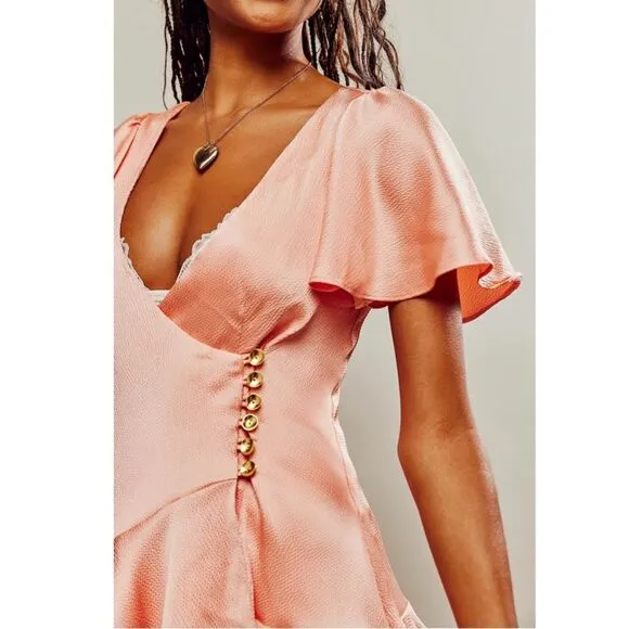 Free People Scarlett Satin Ruffle Wrap Mini Dress Peach. Size small