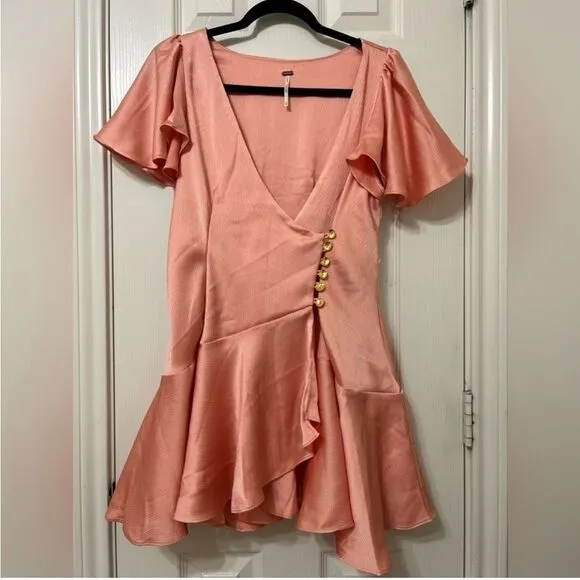 Free People Scarlett Satin Ruffle Wrap Mini Dress Peach. Size small