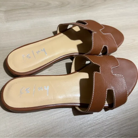 FRENCH SOLE Cognac Leather Alibi Sandals Size 9.5 Made In Brazil White Stitching