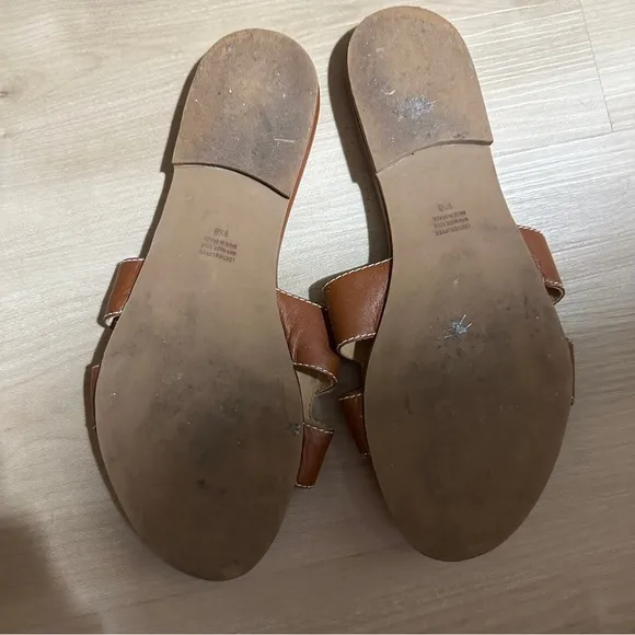FRENCH SOLE Cognac Leather Alibi Sandals Size 9.5 Made In Brazil White Stitching