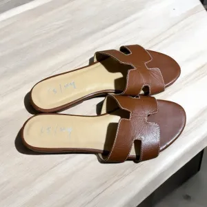 FRENCH SOLE Cognac Leather Alibi Sandals Size 9.5 Made In Brazil White Stitching