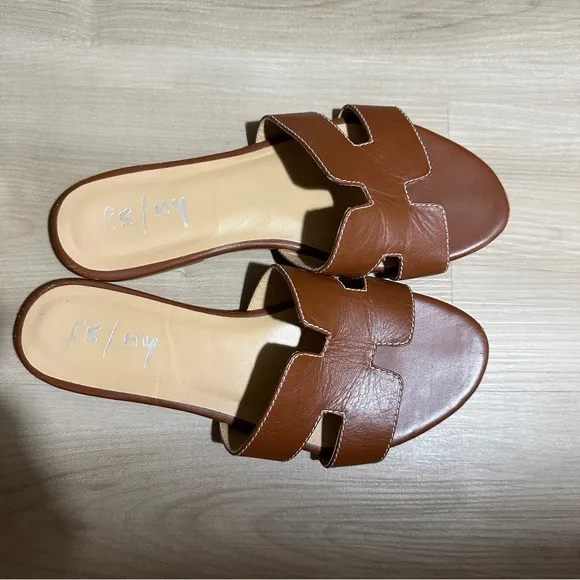 FRENCH SOLE Cognac Leather Alibi Sandals Size 9.5 Made In Brazil White Stitching