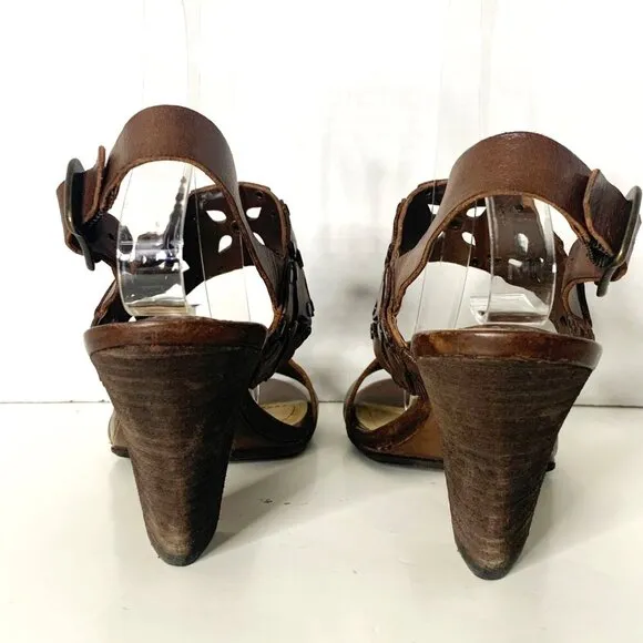 Frye Brown Leather Skye Floral Laser Cut Studded Heeled Sling Sandals Size 6