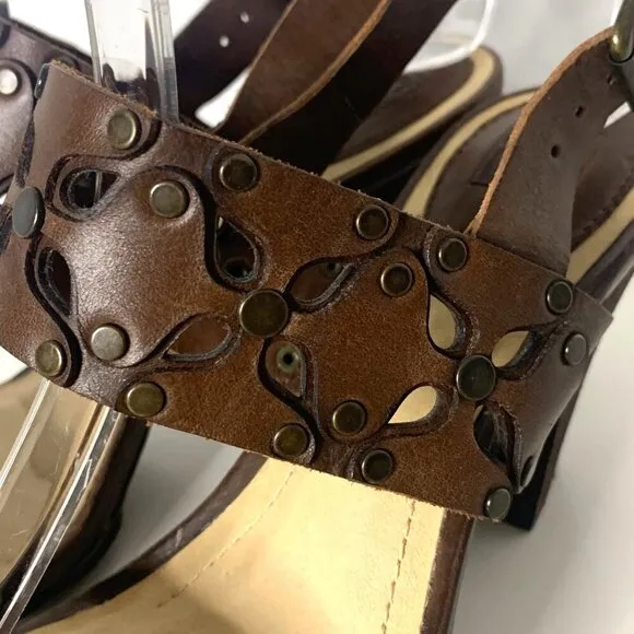 Frye Brown Leather Skye Floral Laser Cut Studded Heeled Sling Sandals Size 6