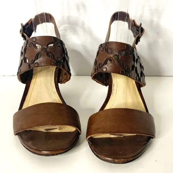Frye Brown Leather Skye Floral Laser Cut Studded Heeled Sling Sandals Size 6