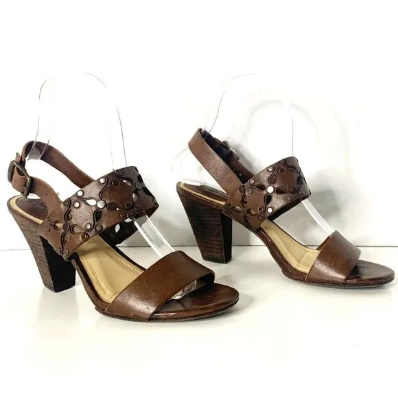 Frye Brown Leather Skye Floral Laser Cut Studded Heeled Sling Sandals Size 6