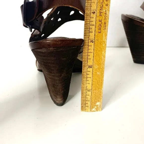 Frye Brown Leather Skye Floral Laser Cut Studded Heeled Sling Sandals Size 6