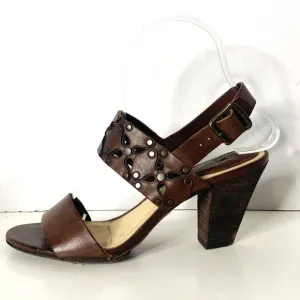 Frye Brown Leather Skye Floral Laser Cut Studded Heeled Sling Sandals Size 6