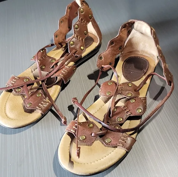 Frye Laney Lace‎ Brown Leather Tie-Up Sandals Women's 7B EUC