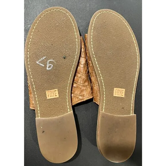 Frye Robin women's leather woven slide flat sandals cognac brown sz US 10