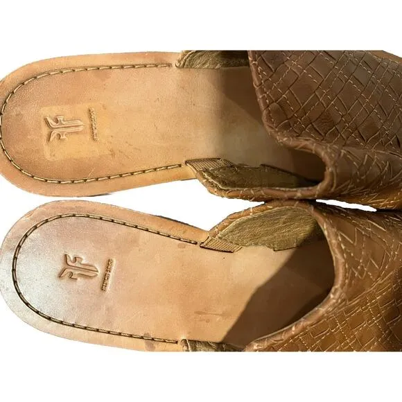 Frye Robin women's leather woven slide flat sandals cognac brown sz US 10